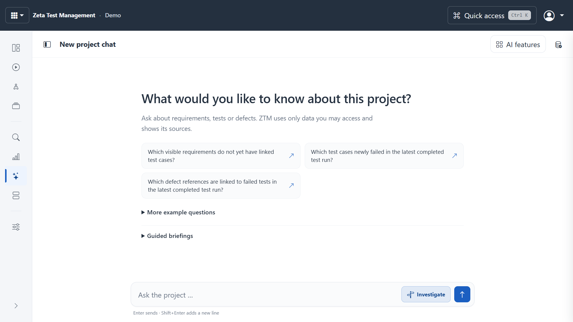 AI features in the Zeta Test Management web client