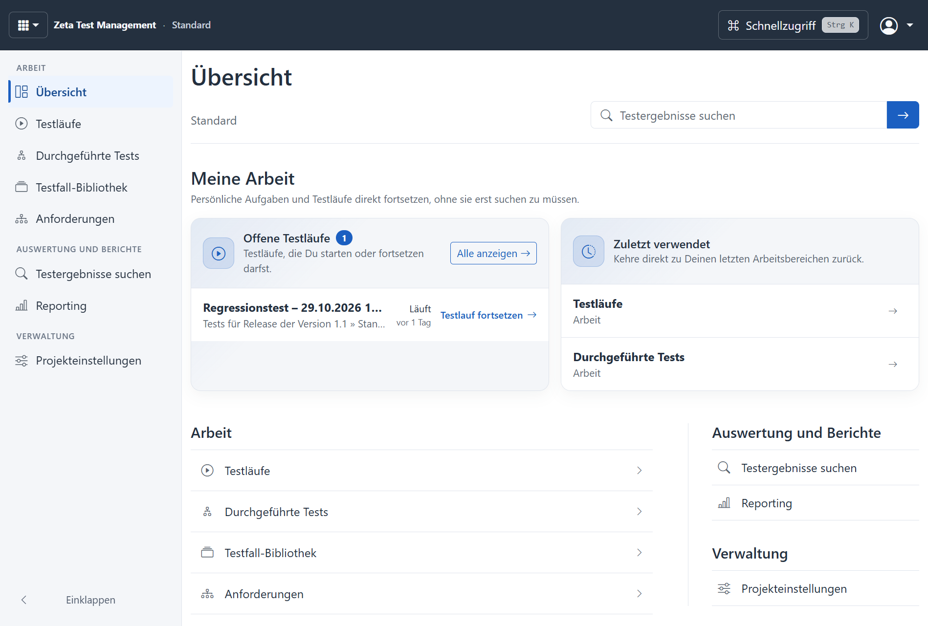 Zeta Test Management Web-Client mit Projektübersicht