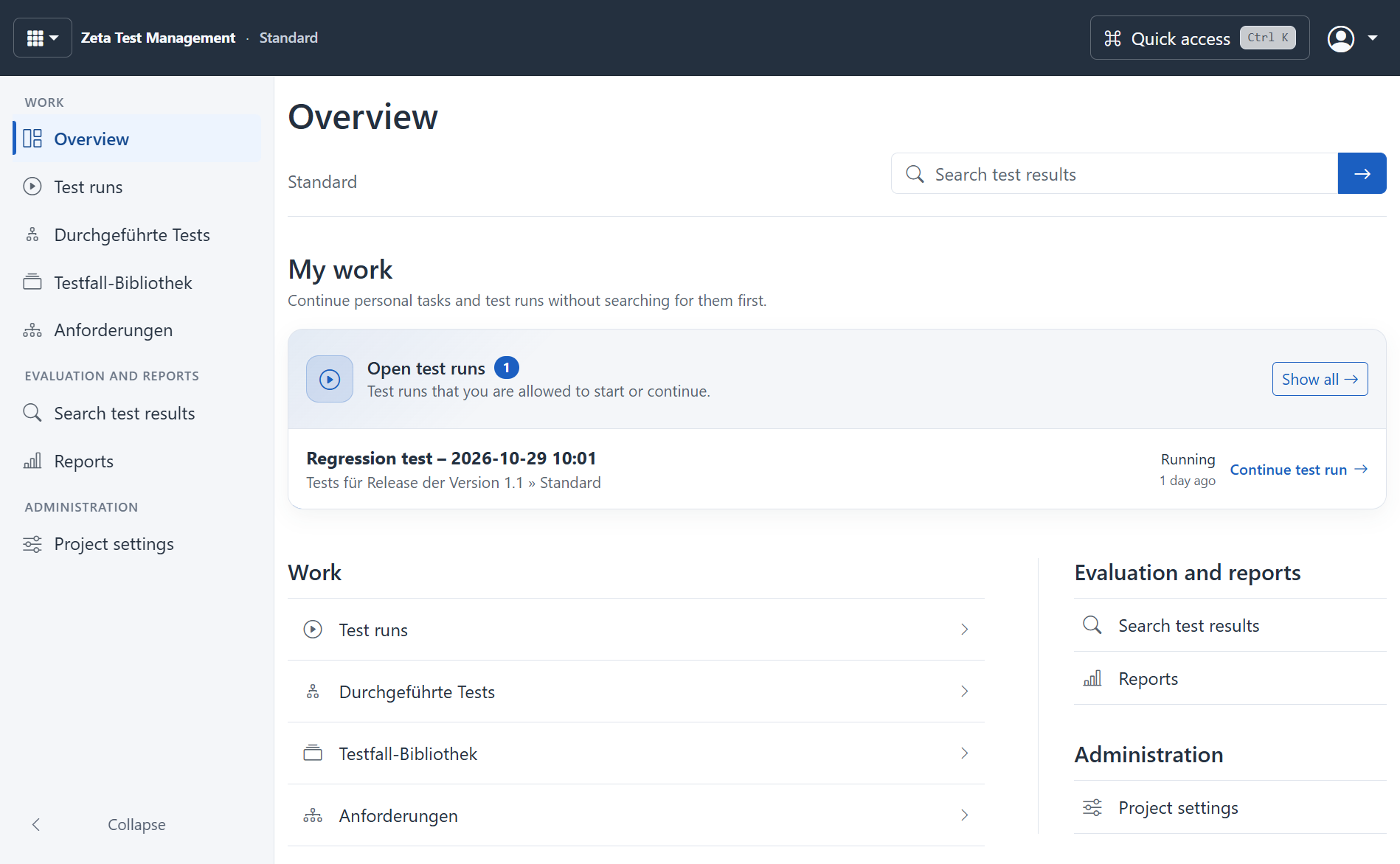 Zeta Test Management web client showing a project overview